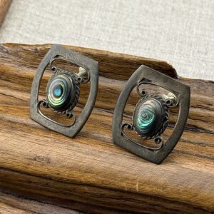Sterling Silver 925 Abalone Shell Screw Back Earrings Artist Signed Mexico VTG